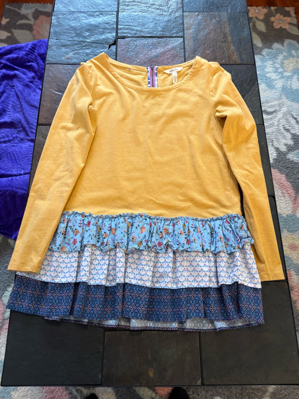 Matilda Jane Yellow Long Sleeve Layered Ruffle Dress with Blue Prints